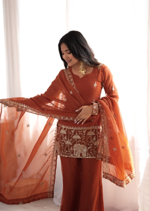 Rust Crunchy Silk Embroidered Suit Set