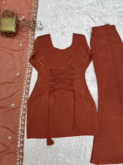 Rust Crunchy Silk Embroidered Suit Set