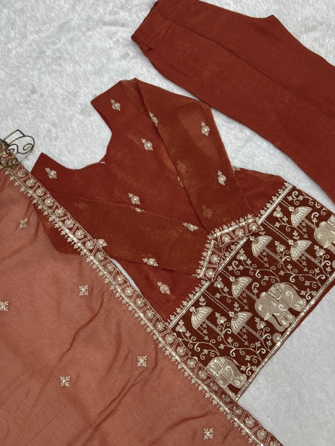 Rust Crunchy Silk Embroidered Suit Set