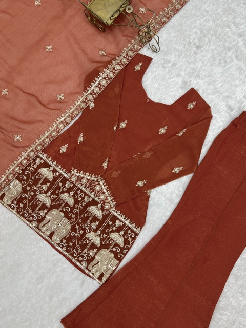 Rust Crunchy Silk Embroidered Suit Set