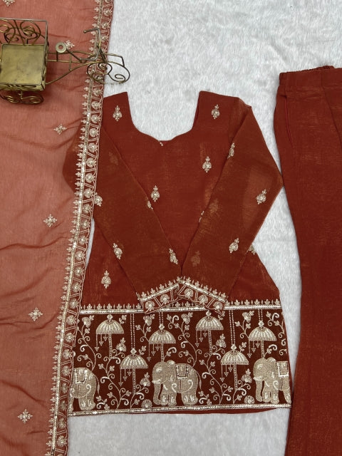 Rust Crunchy Silk Embroidered Suit Set