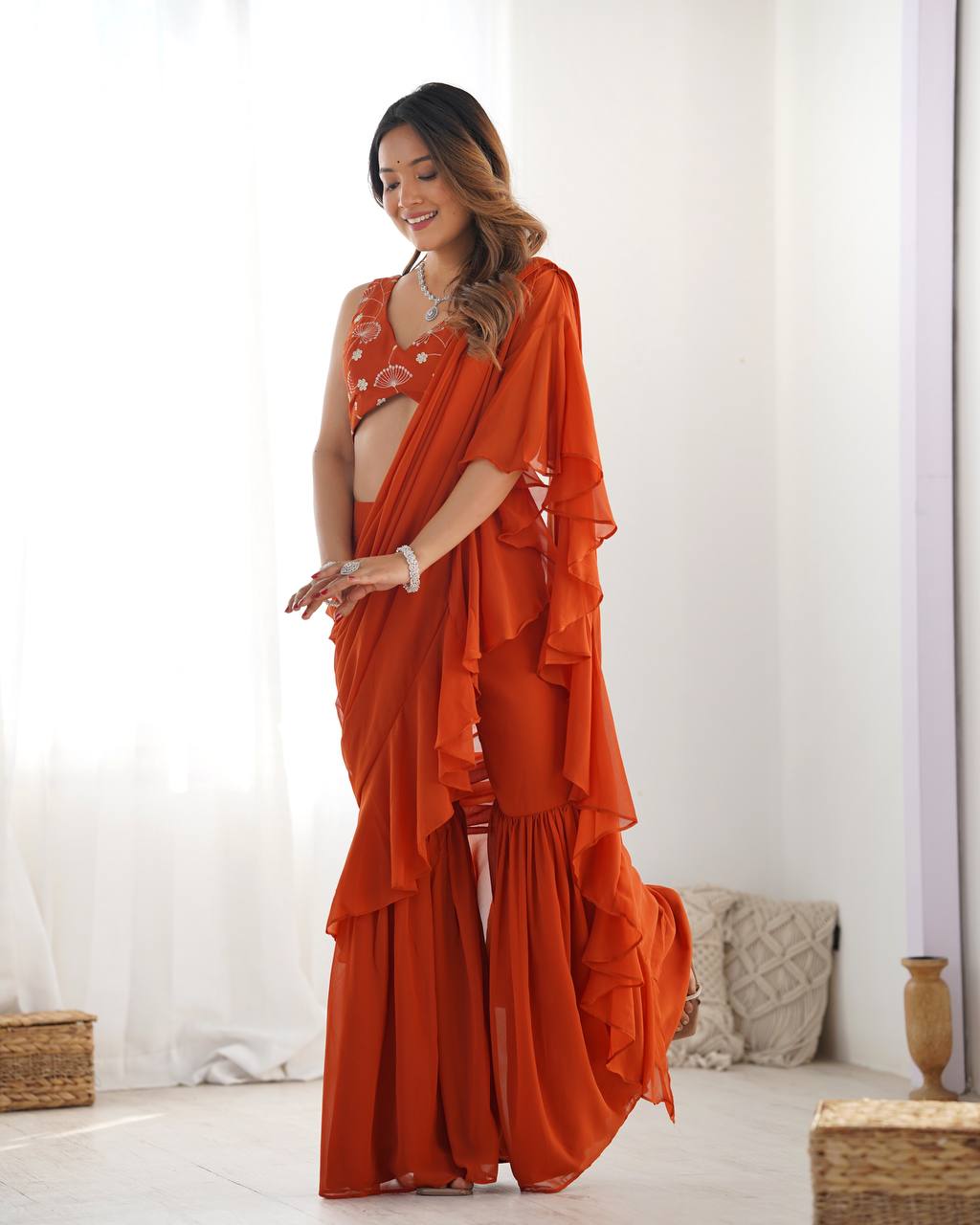 Rust Designer Ready-to-Wear Sharara Saree in Pure Fox Georgette with Heavy Embroidered Sequin Blouse