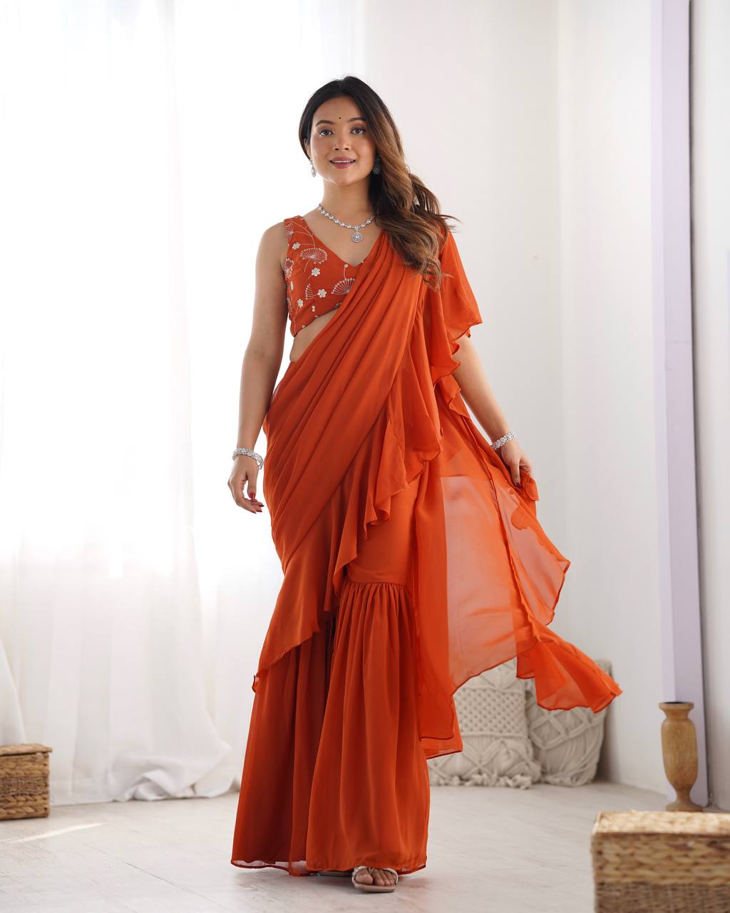 Rust Designer Ready-to-Wear Sharara Saree in Pure Fox Georgette with Heavy Embroidered Sequin Blouse