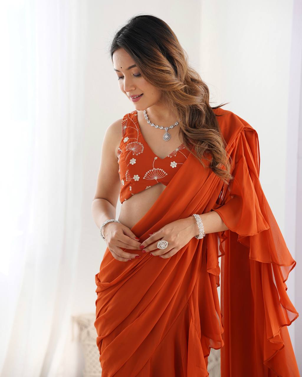 Rust Designer Ready-to-Wear Sharara Saree in Pure Fox Georgette with Heavy Embroidered Sequin Blouse