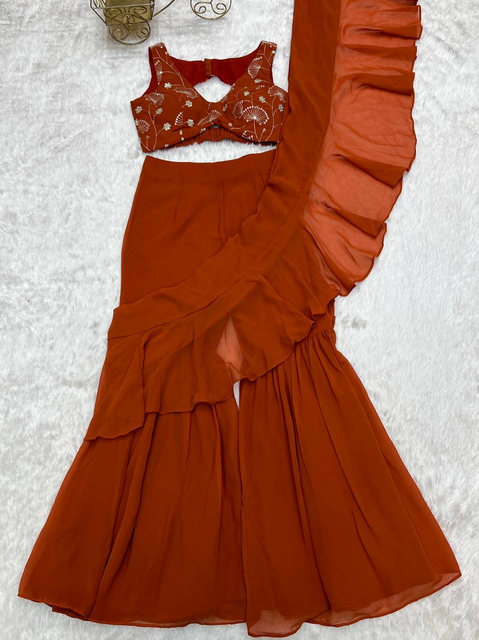 Rust Designer Ready-to-Wear Sharara Saree in Pure Fox Georgette with Heavy Embroidered Sequin Blouse
