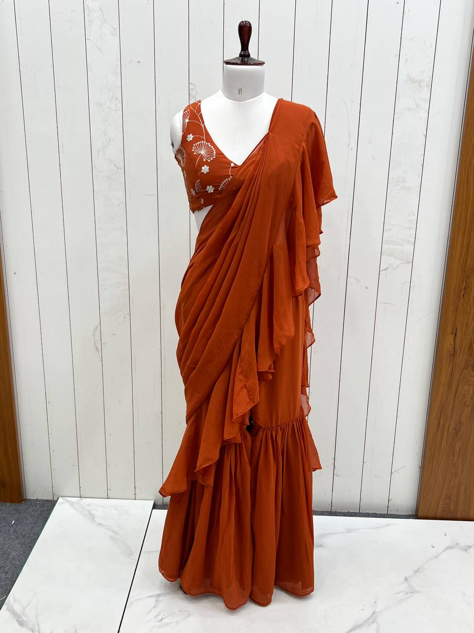 Rust Designer Ready-to-Wear Sharara Saree in Pure Fox Georgette with Heavy Embroidered Sequin Blouse