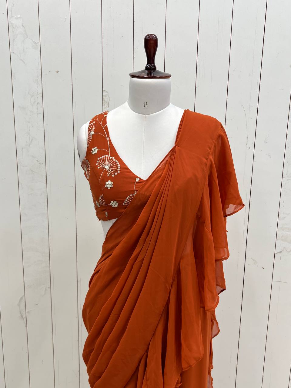 Rust Designer Ready-to-Wear Sharara Saree in Pure Fox Georgette with Heavy Embroidered Sequin Blouse