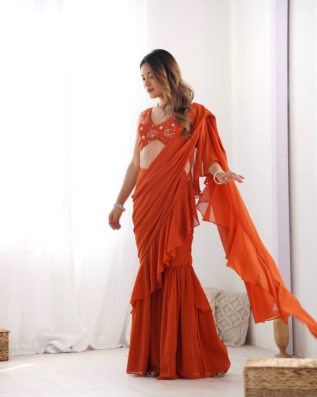 Rust Designer Ready-to-Wear Sharara Saree in Pure Fox Georgette with Heavy Embroidered Sequin Blouse
