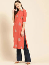 Libas Rust Embroidered Linen Kurta