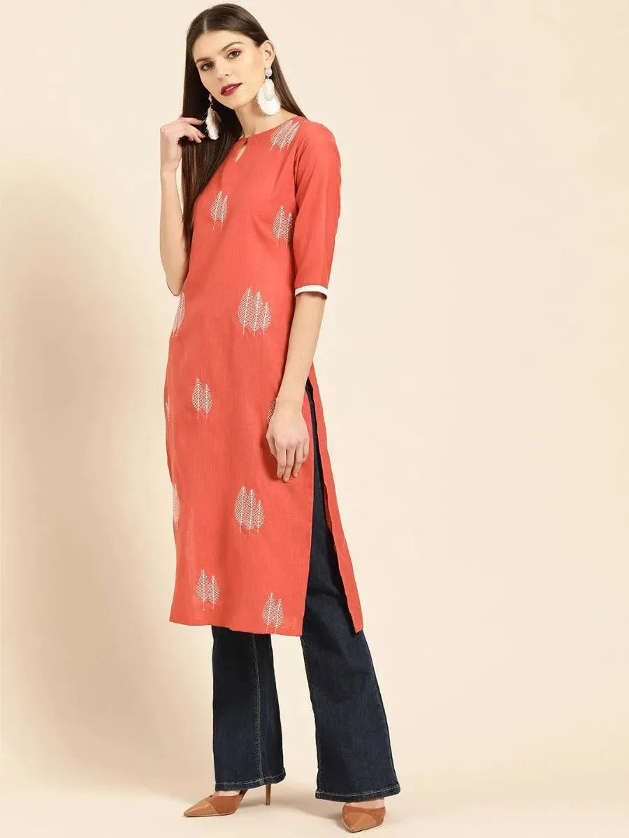Libas Rust Embroidered Linen Kurta