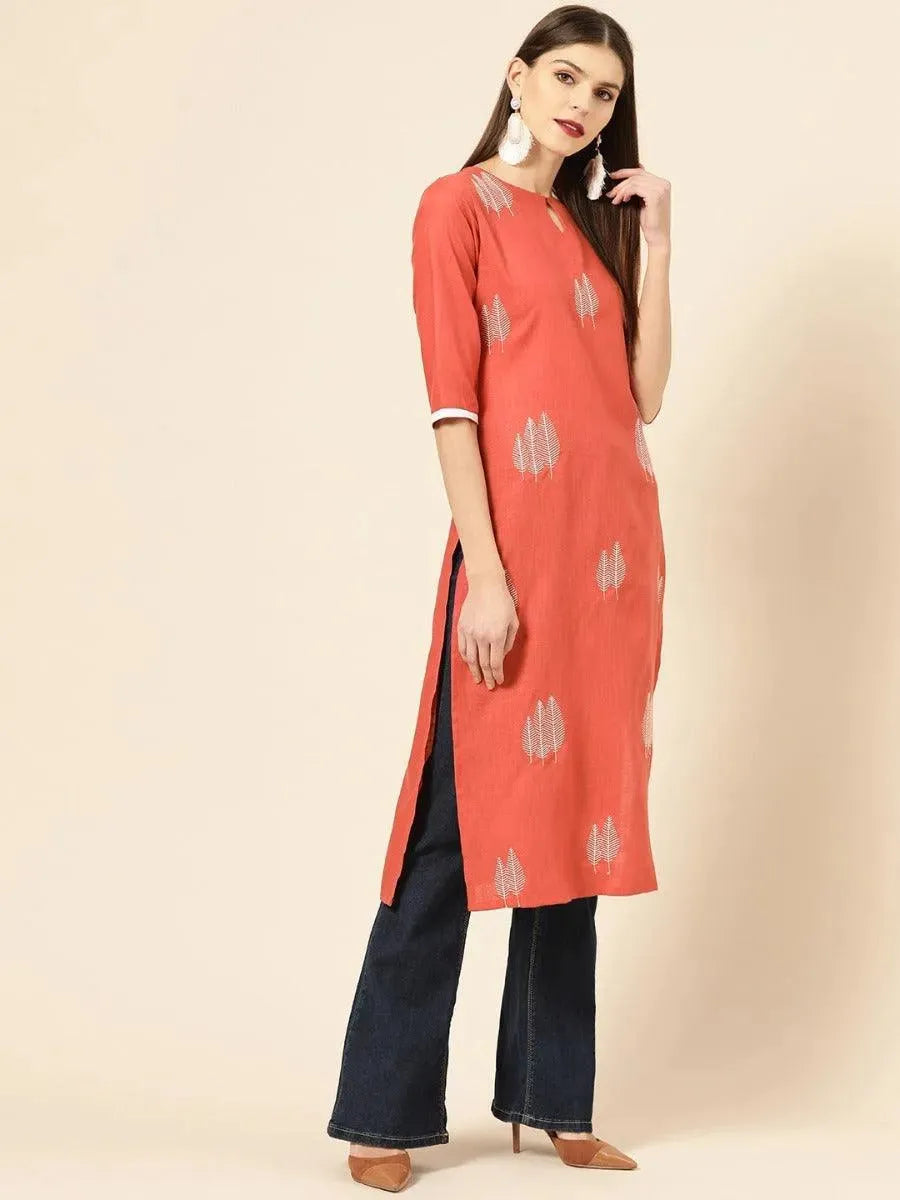 Libas Rust Embroidered Linen Kurta