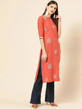 Libas Rust Embroidered Linen Kurta