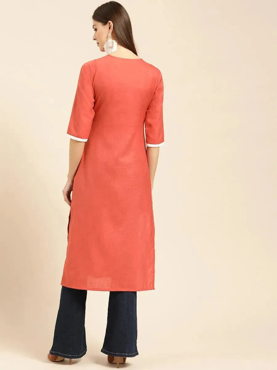 Libas Rust Embroidered Linen Kurta