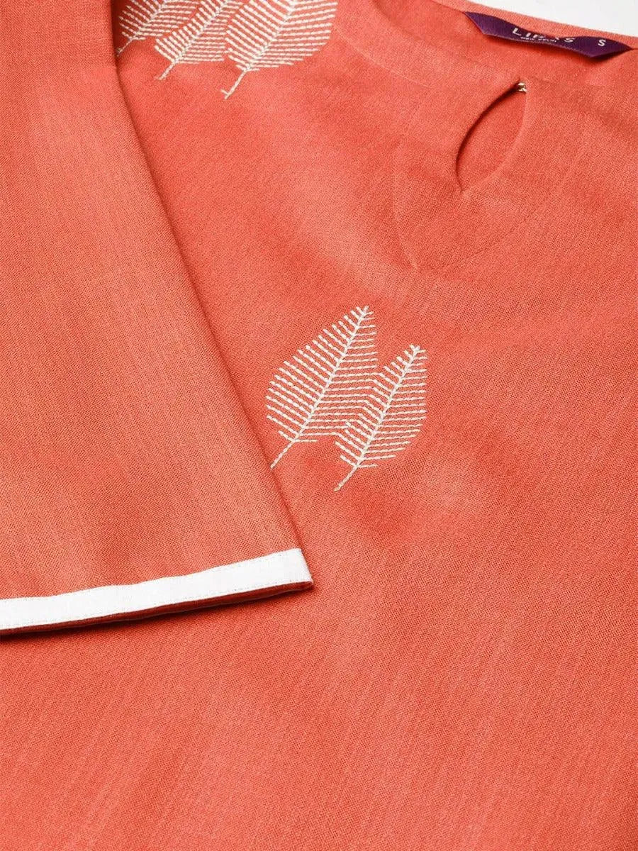 Libas Rust Embroidered Linen Kurta