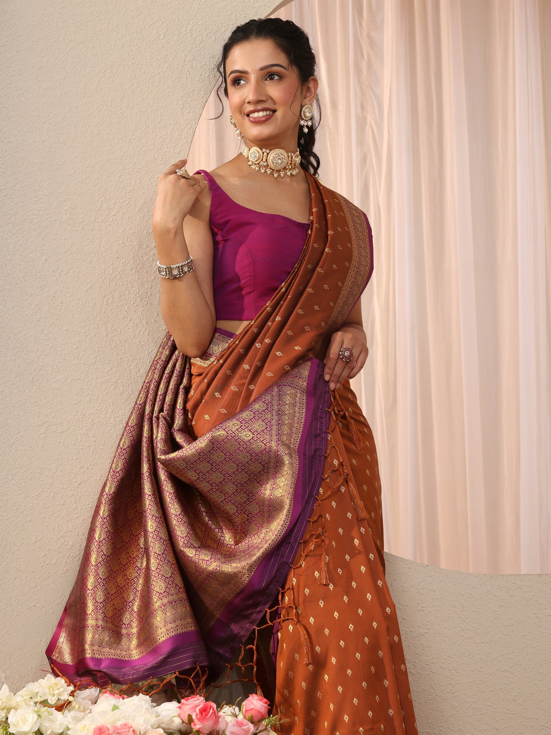 Mameraa Rust Kanjeevaram Silk Blend Saree