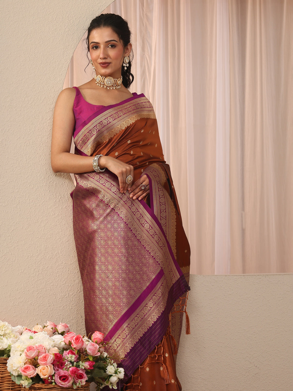Mameraa Rust Kanjeevaram Silk Blend Saree