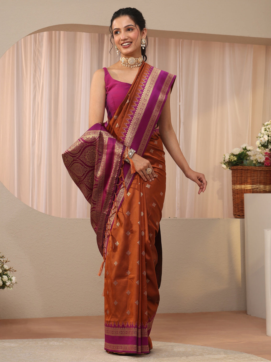 Mameraa Rust Kanjeevaram Silk Blend Saree