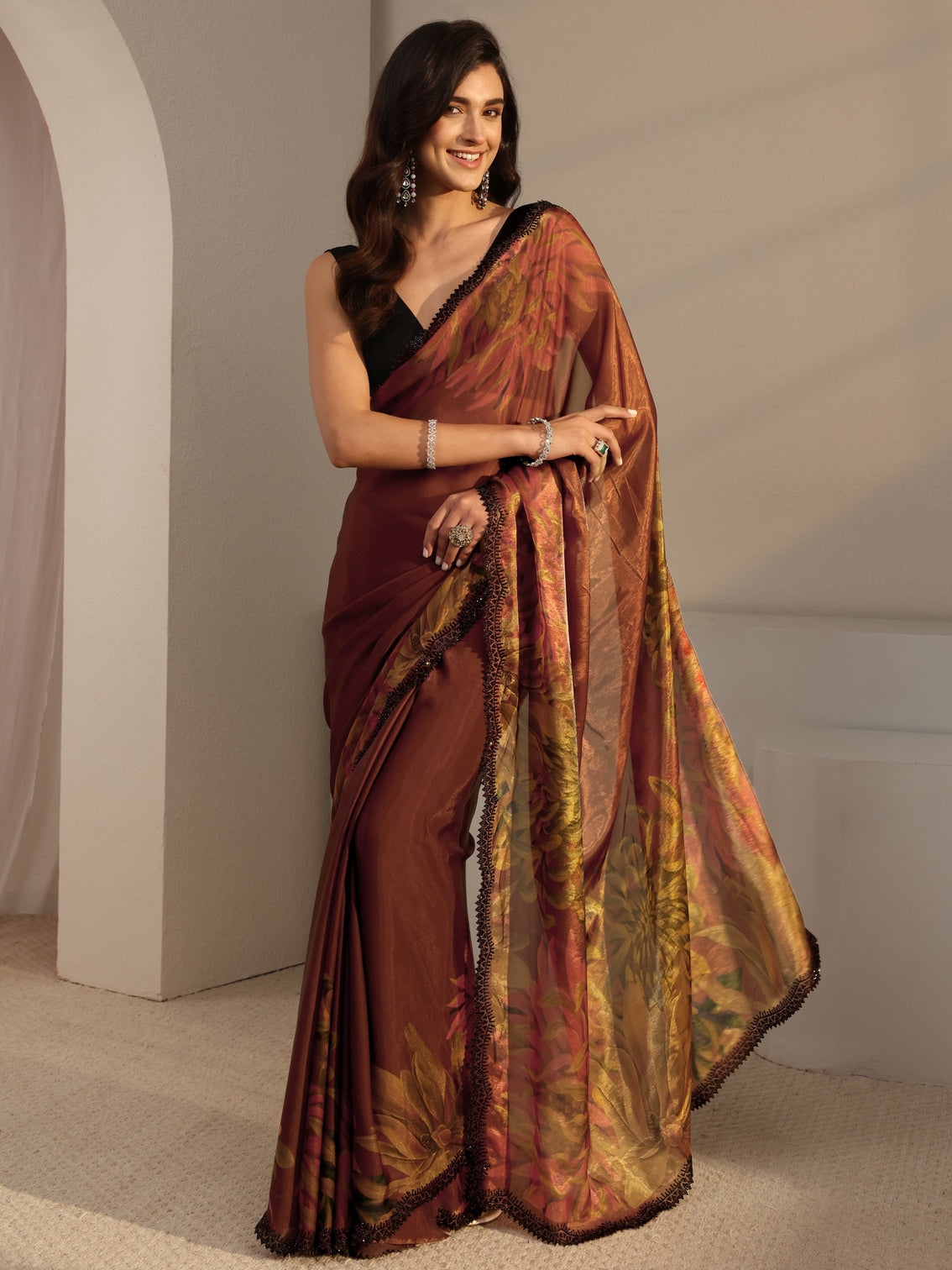 Mameraa Rust Floral Printed Satin Saree With Unstitched Blouse Piece