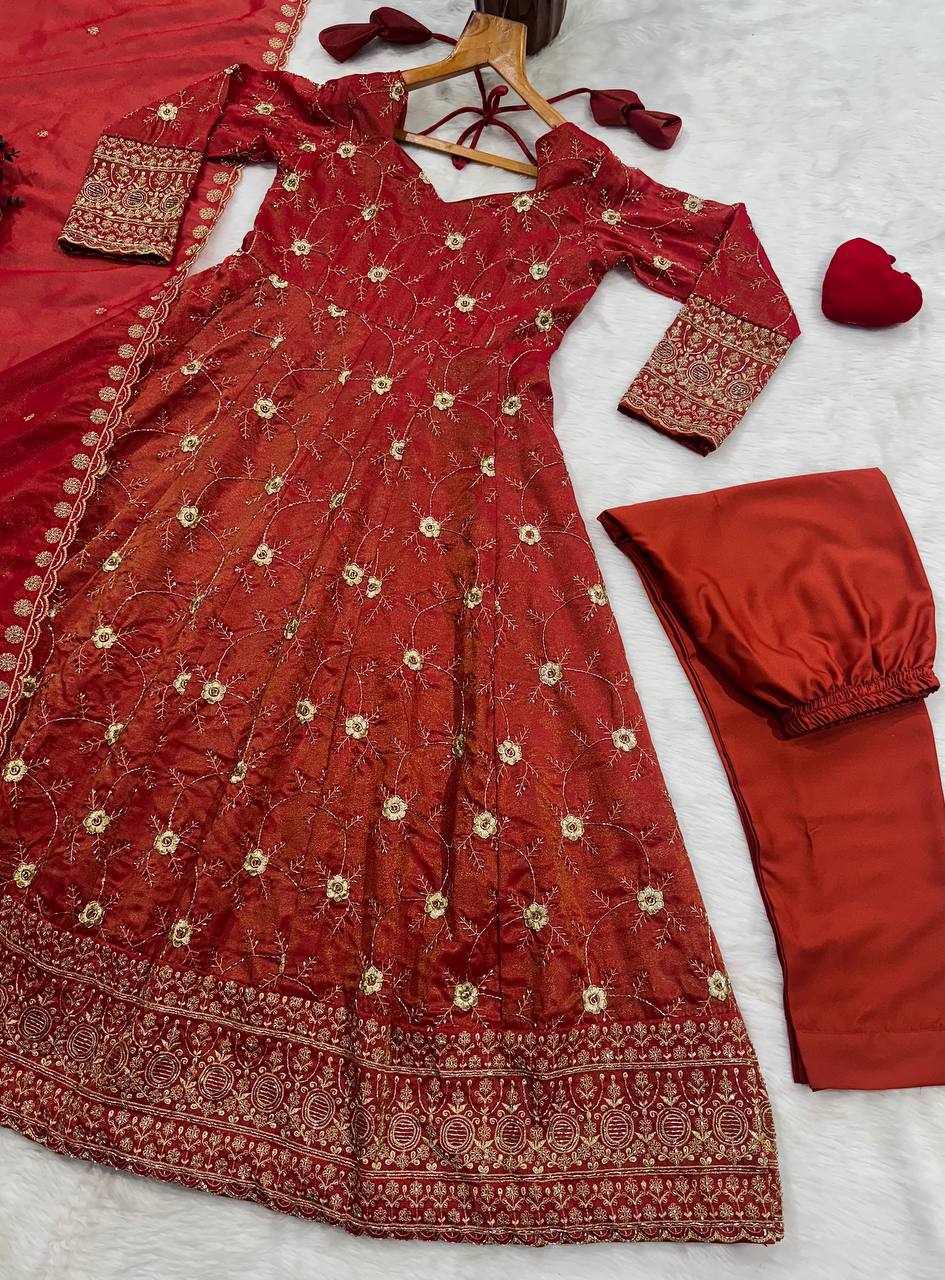 Rust Heavy Sequence Anarkali Suit