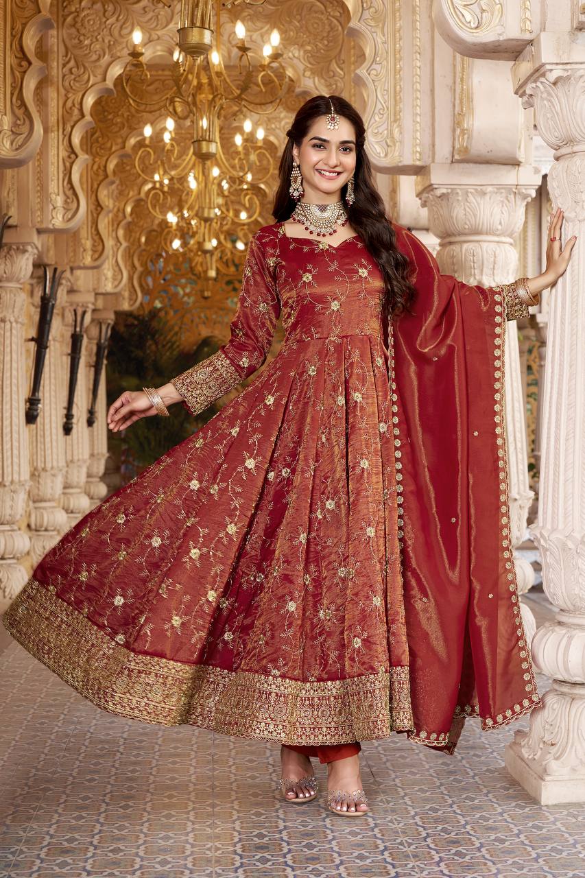 Rust Heavy Sequence Anarkali Suit
