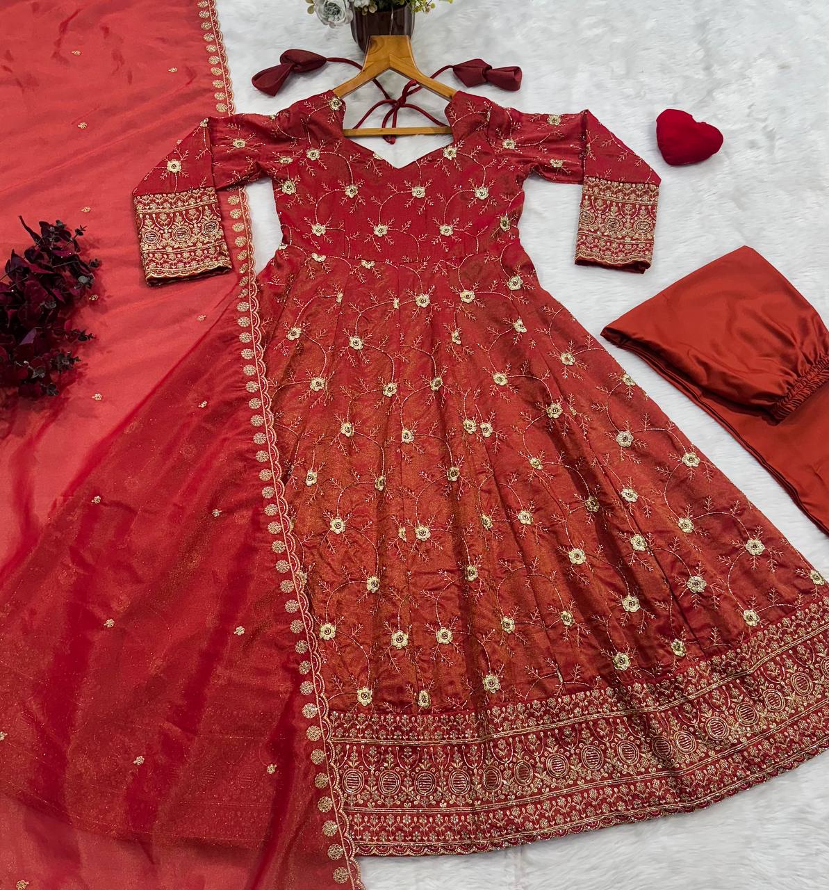 Rust Heavy Sequence Anarkali Suit