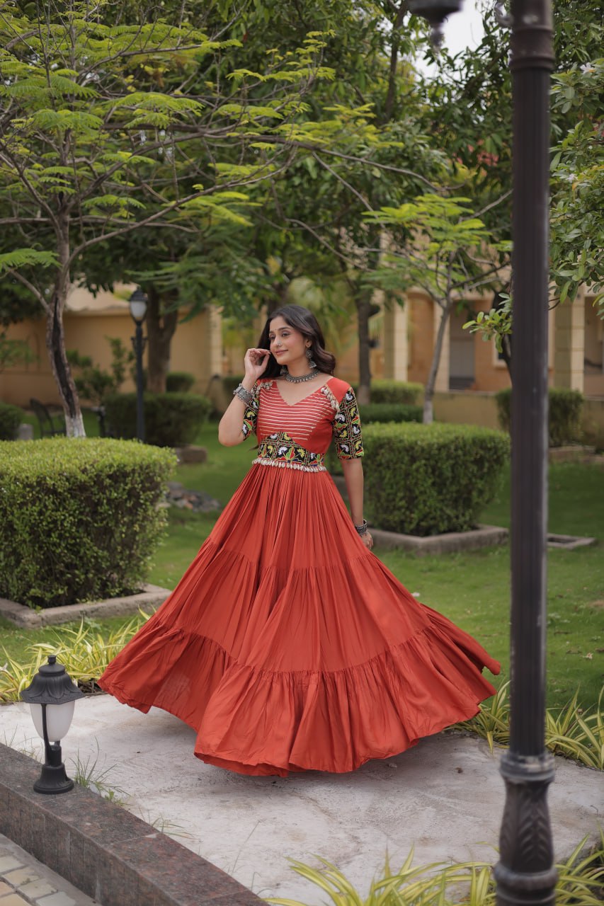 Rust Kutchi Gamthi Embroidered Gown