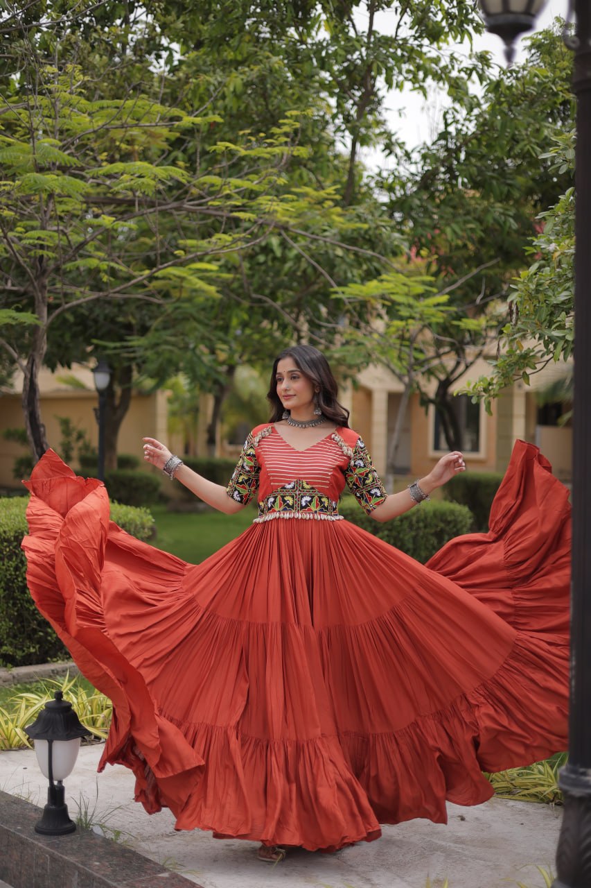 Rust Kutchi Gamthi Embroidered Gown