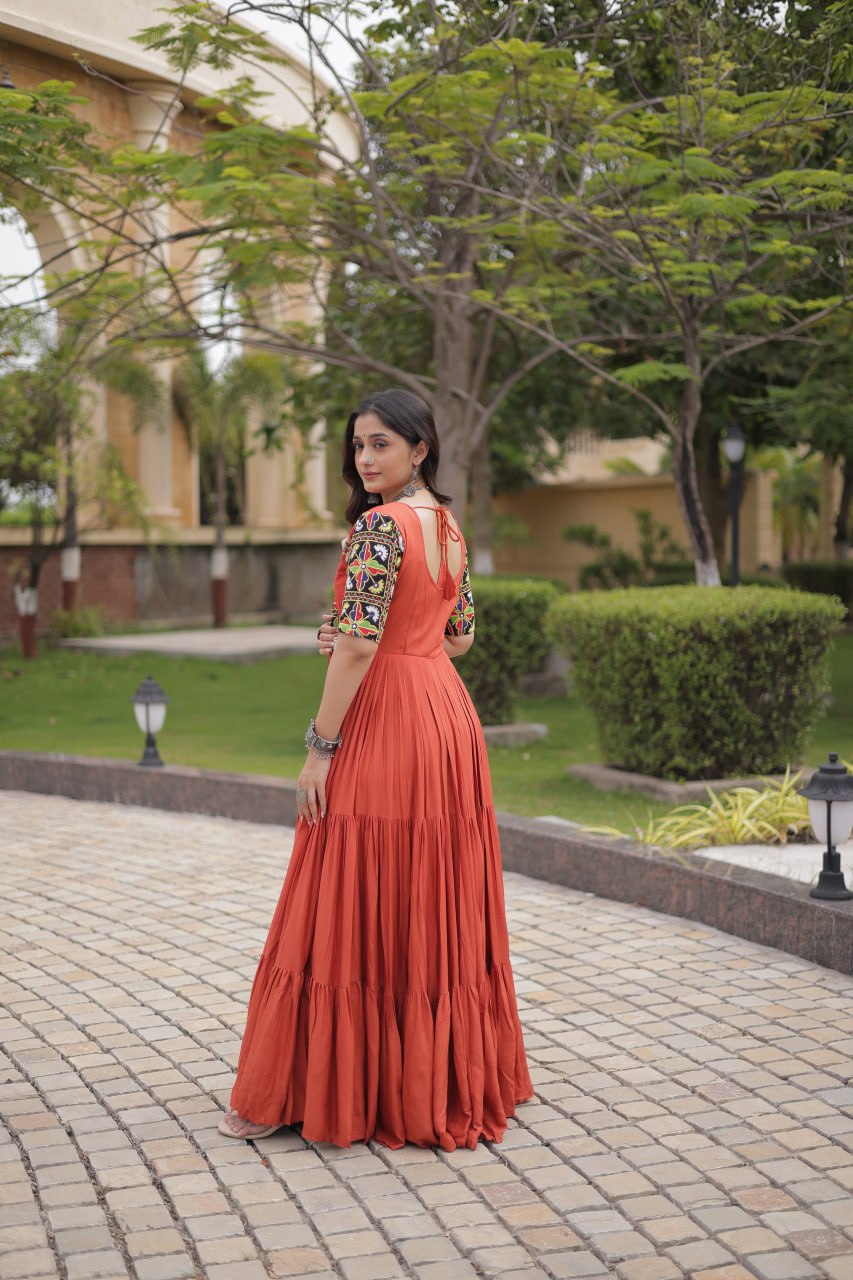 Rust Kutchi Gamthi Embroidered Gown