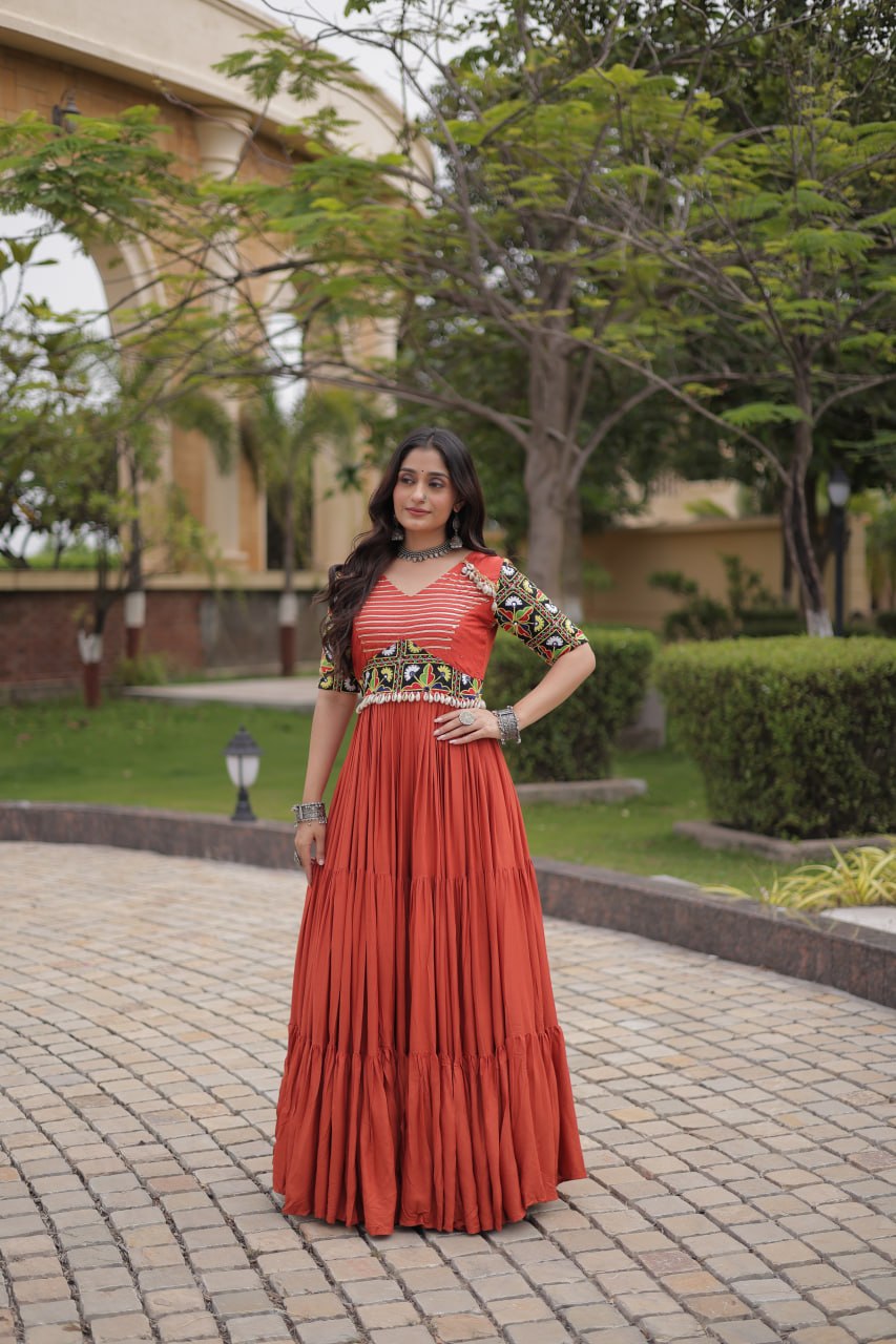 Rust Kutchi Gamthi Embroidered Gown