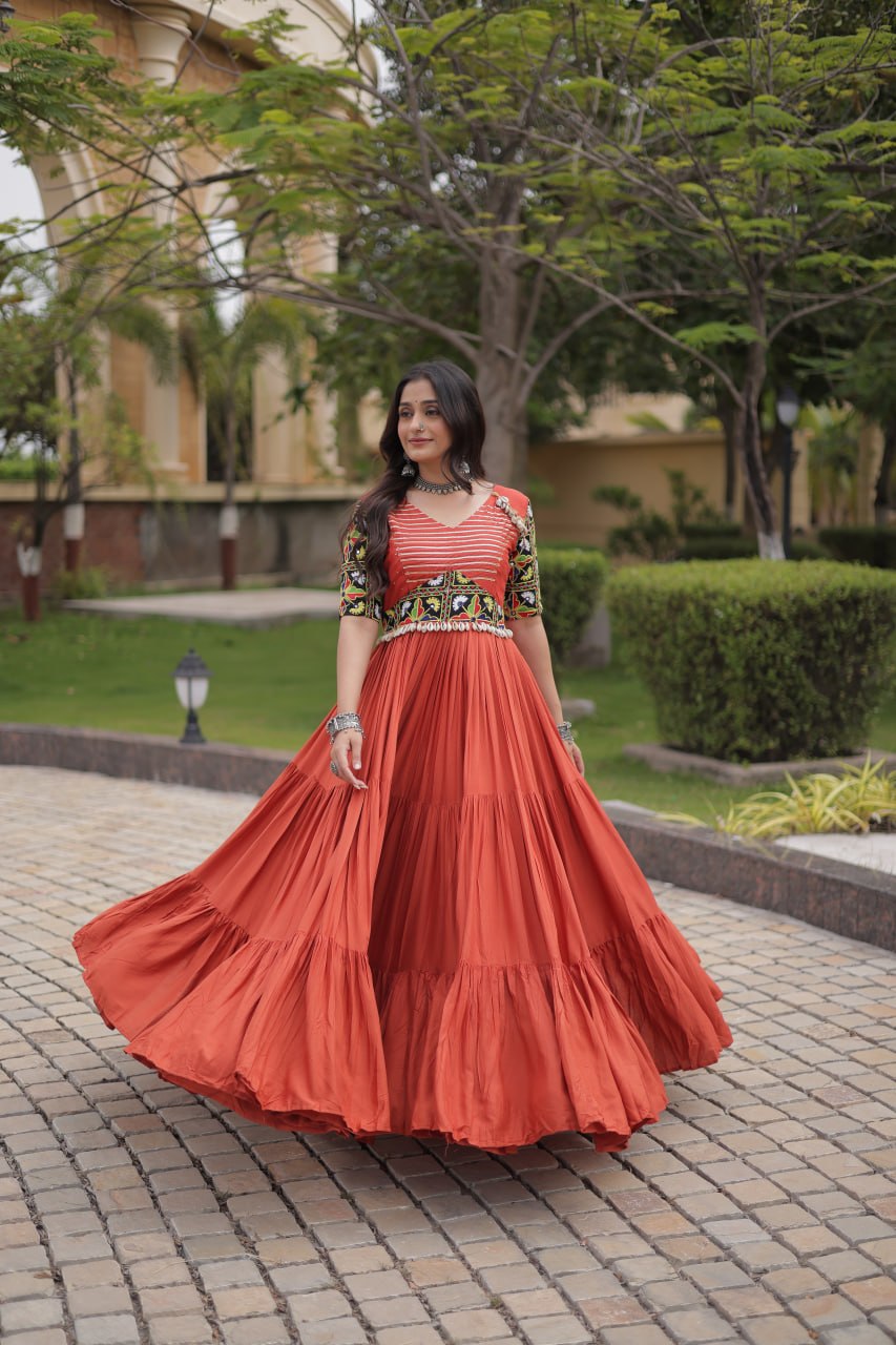 Rust Kutchi Gamthi Embroidered Gown