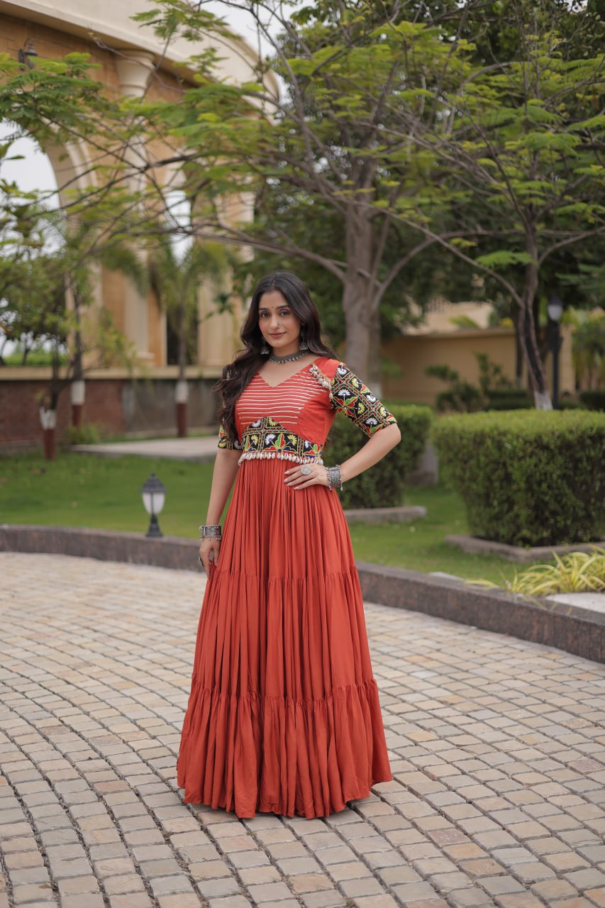 Rust Kutchi Gamthi Embroidered Gown