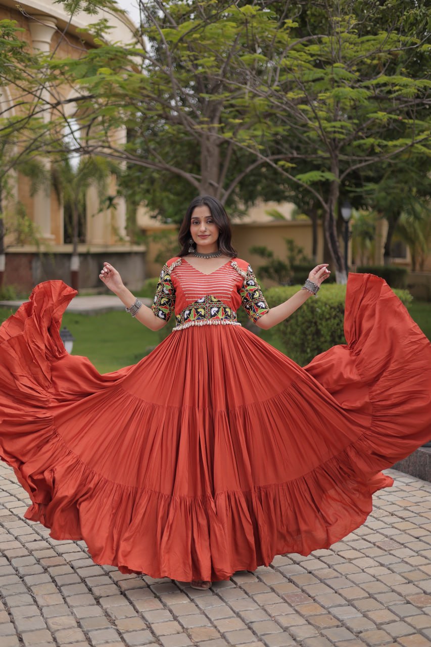 Rust Kutchi Gamthi Embroidered Gown