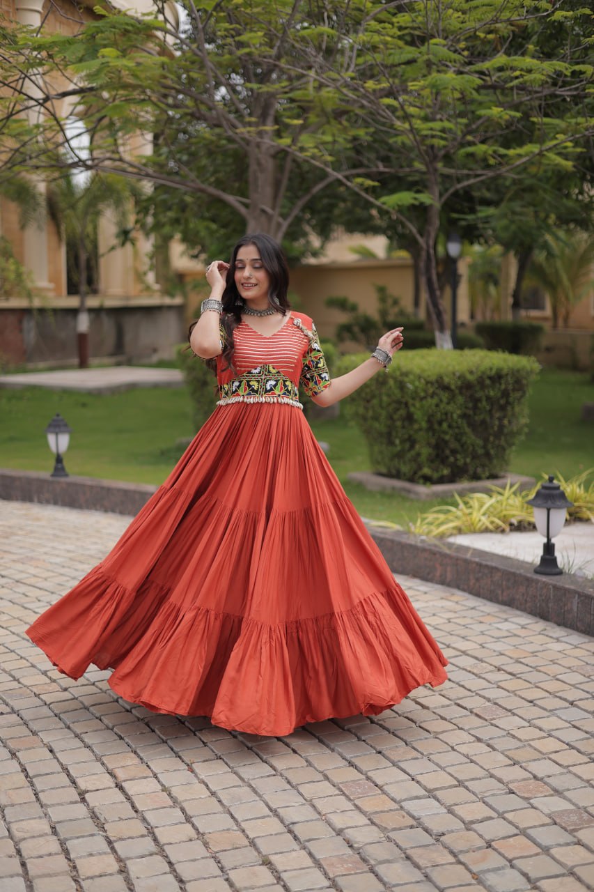 Rust Kutchi Gamthi Embroidered Gown