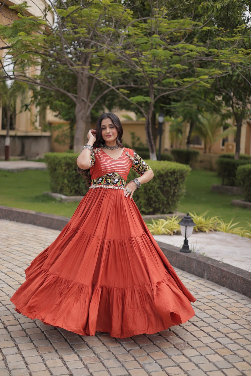 Rust Kutchi Gamthi Embroidered Gown