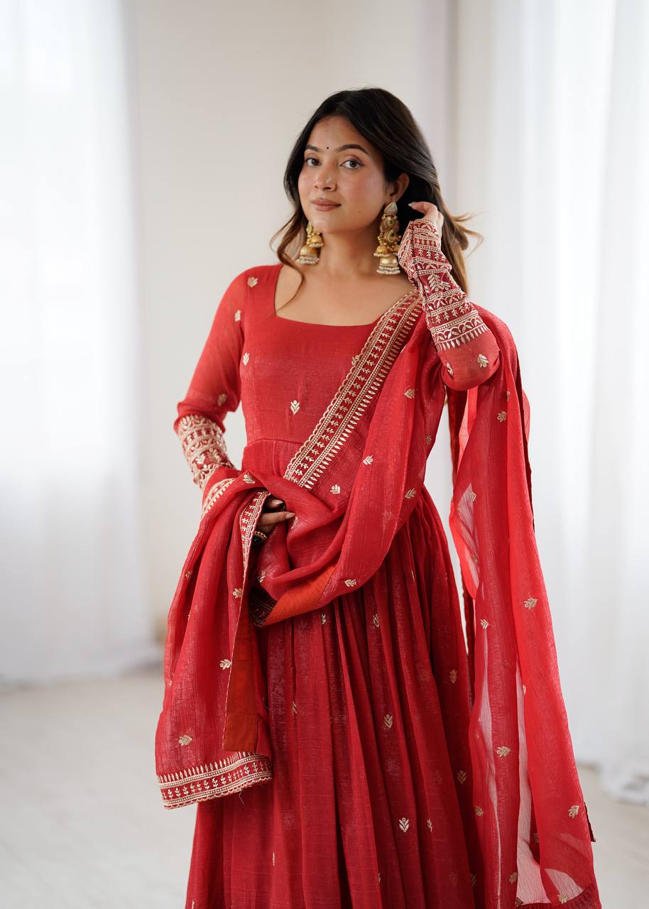 Rust Luxury Heavy Pure Crunchy Silk Anarkali Gown Set – Exquisite Zari & Sequins Embroidery, Handwork Beads Dupatta, Fully Stitched Ready-to-Wear