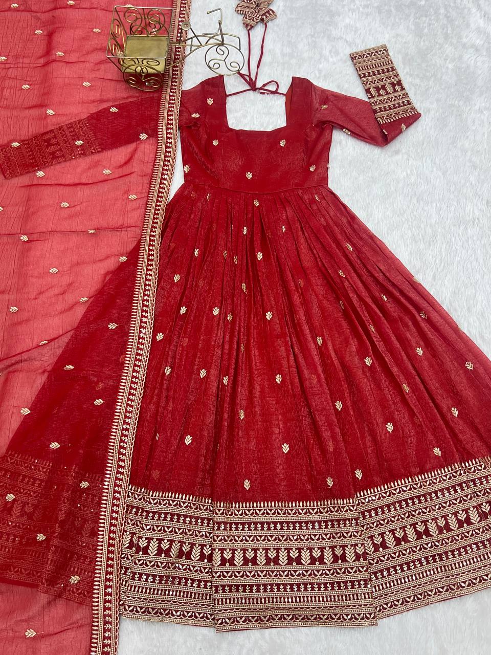Rust Luxury Heavy Pure Crunchy Silk Anarkali Gown Set – Exquisite Zari & Sequins Embroidery, Handwork Beads Dupatta, Fully Stitched Ready-to-Wear