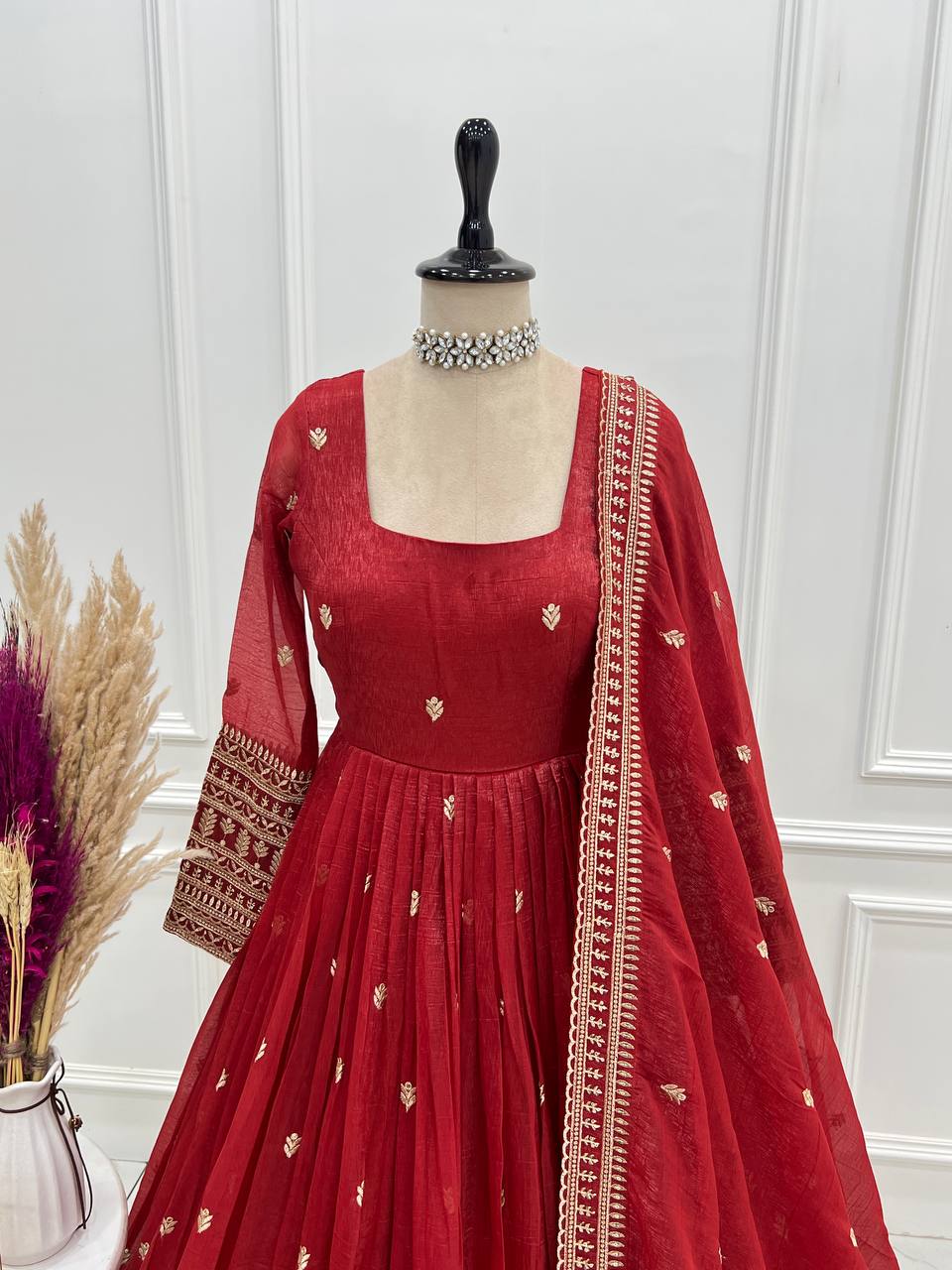 Rust Luxury Heavy Pure Crunchy Silk Anarkali Gown Set – Exquisite Zari & Sequins Embroidery, Handwork Beads Dupatta, Fully Stitched Ready-to-Wear