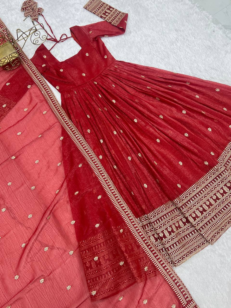 Rust Luxury Heavy Pure Crunchy Silk Anarkali Gown Set – Exquisite Zari & Sequins Embroidery, Handwork Beads Dupatta, Fully Stitched Ready-to-Wear