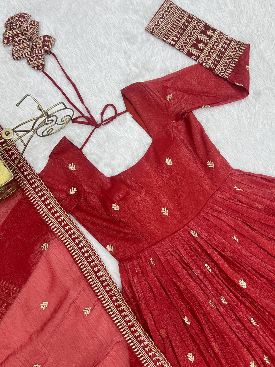Rust Luxury Heavy Pure Crunchy Silk Anarkali Gown Set – Exquisite Zari & Sequins Embroidery, Handwork Beads Dupatta, Fully Stitched Ready-to-Wear