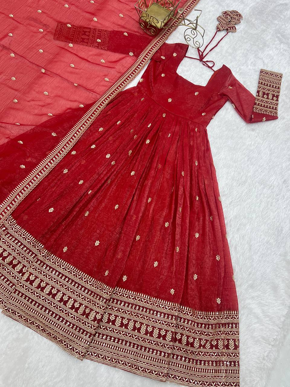 Rust Luxury Heavy Pure Crunchy Silk Anarkali Gown Set – Exquisite Zari & Sequins Embroidery, Handwork Beads Dupatta, Fully Stitched Ready-to-Wear