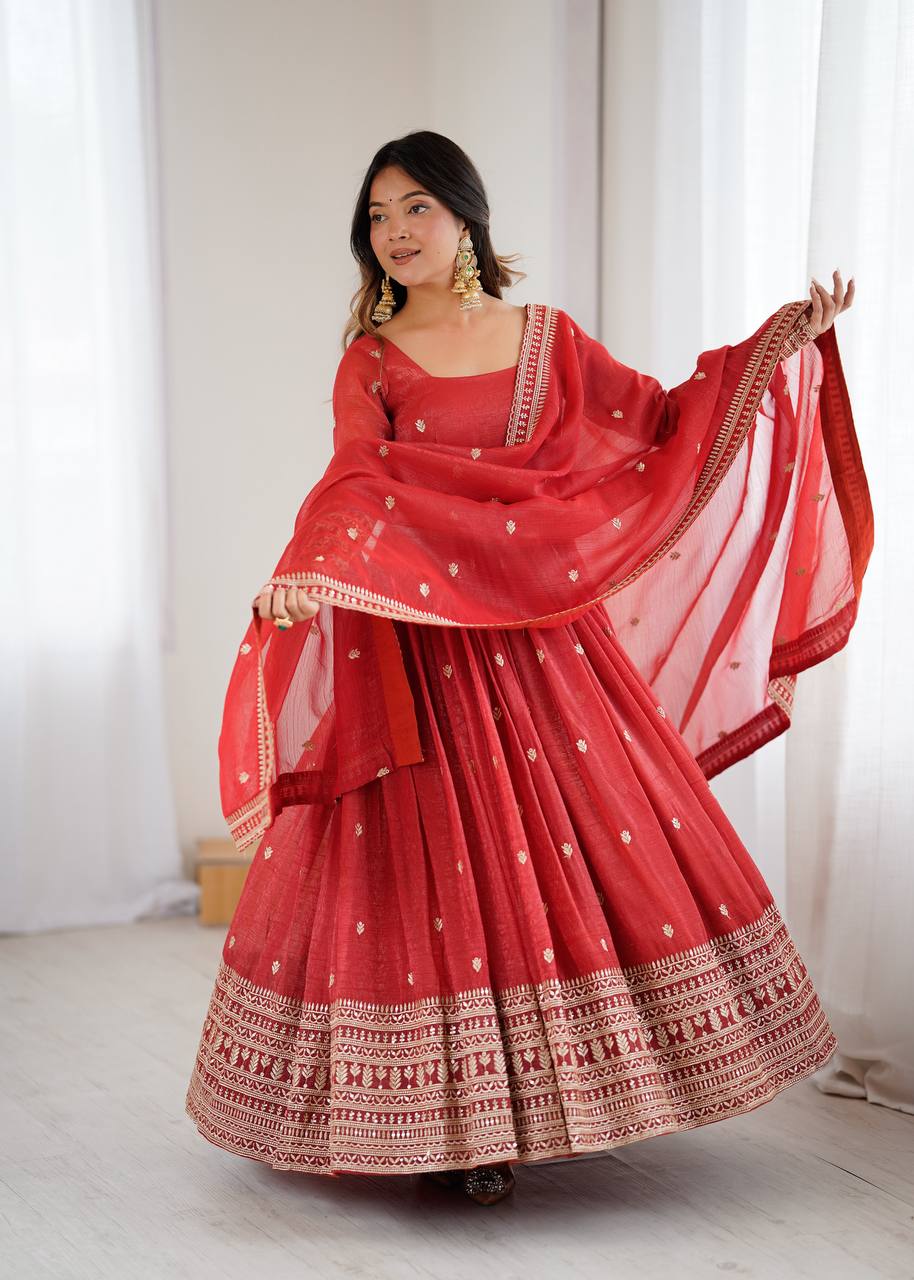 Rust Luxury Heavy Pure Crunchy Silk Anarkali Gown Set – Exquisite Zari & Sequins Embroidery, Handwork Beads Dupatta, Fully Stitched Ready-to-Wear