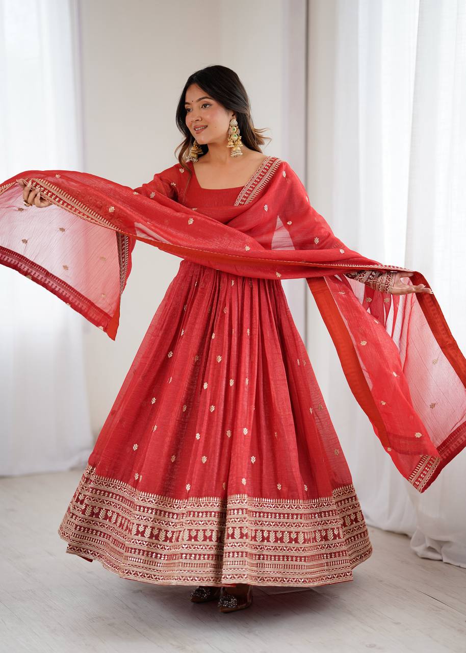 Rust Luxury Heavy Pure Crunchy Silk Anarkali Gown Set – Exquisite Zari & Sequins Embroidery, Handwork Beads Dupatta, Fully Stitched Ready-to-Wear