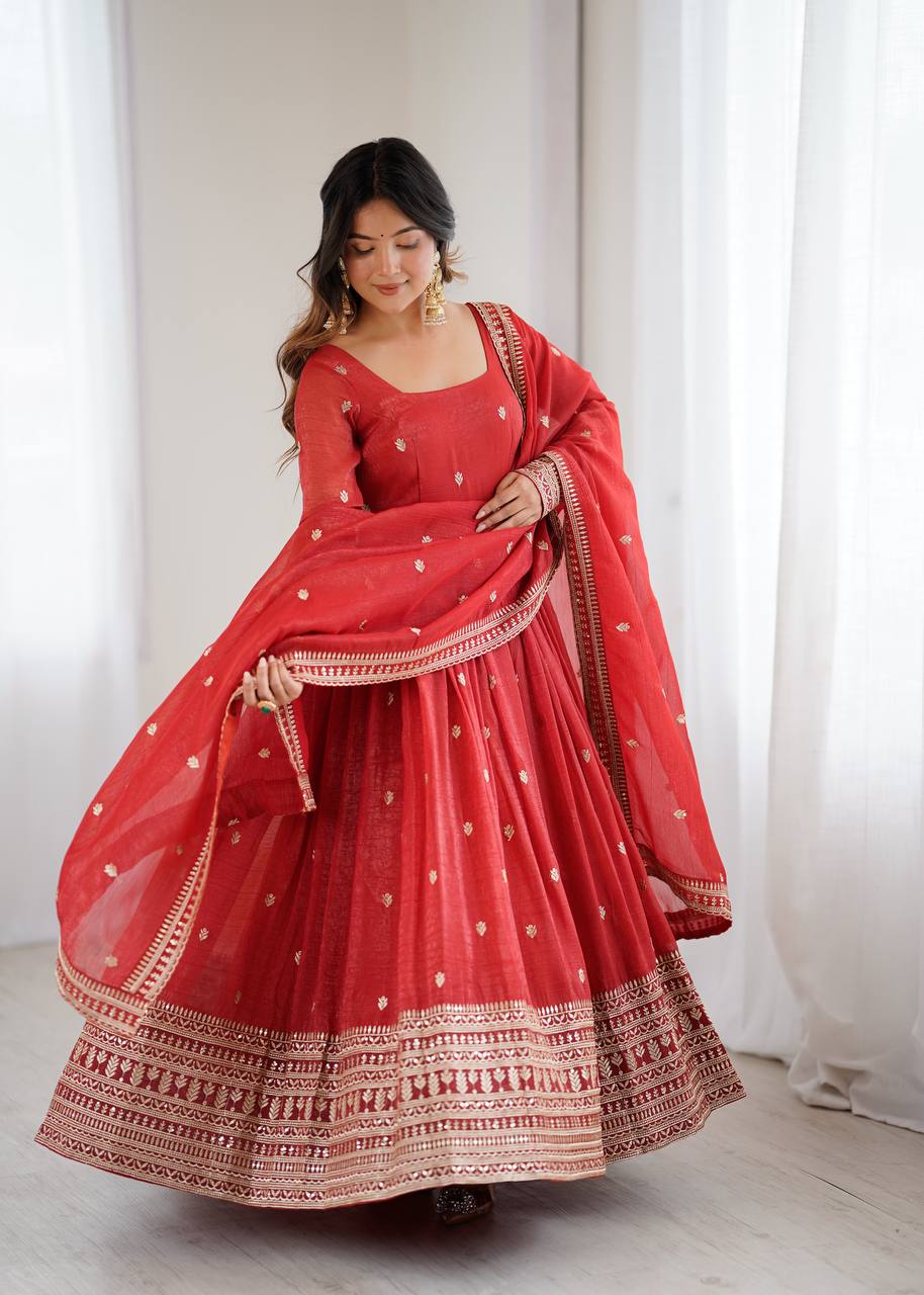 Rust Luxury Heavy Pure Crunchy Silk Anarkali Gown Set – Exquisite Zari & Sequins Embroidery, Handwork Beads Dupatta, Fully Stitched Ready-to-Wear