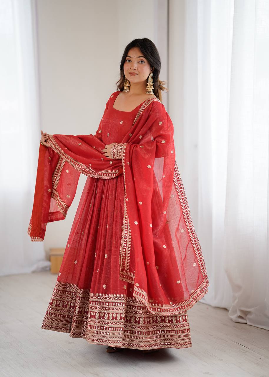 Rust Luxury Heavy Pure Crunchy Silk Anarkali Gown Set – Exquisite Zari & Sequins Embroidery, Handwork Beads Dupatta, Fully Stitched Ready-to-Wear