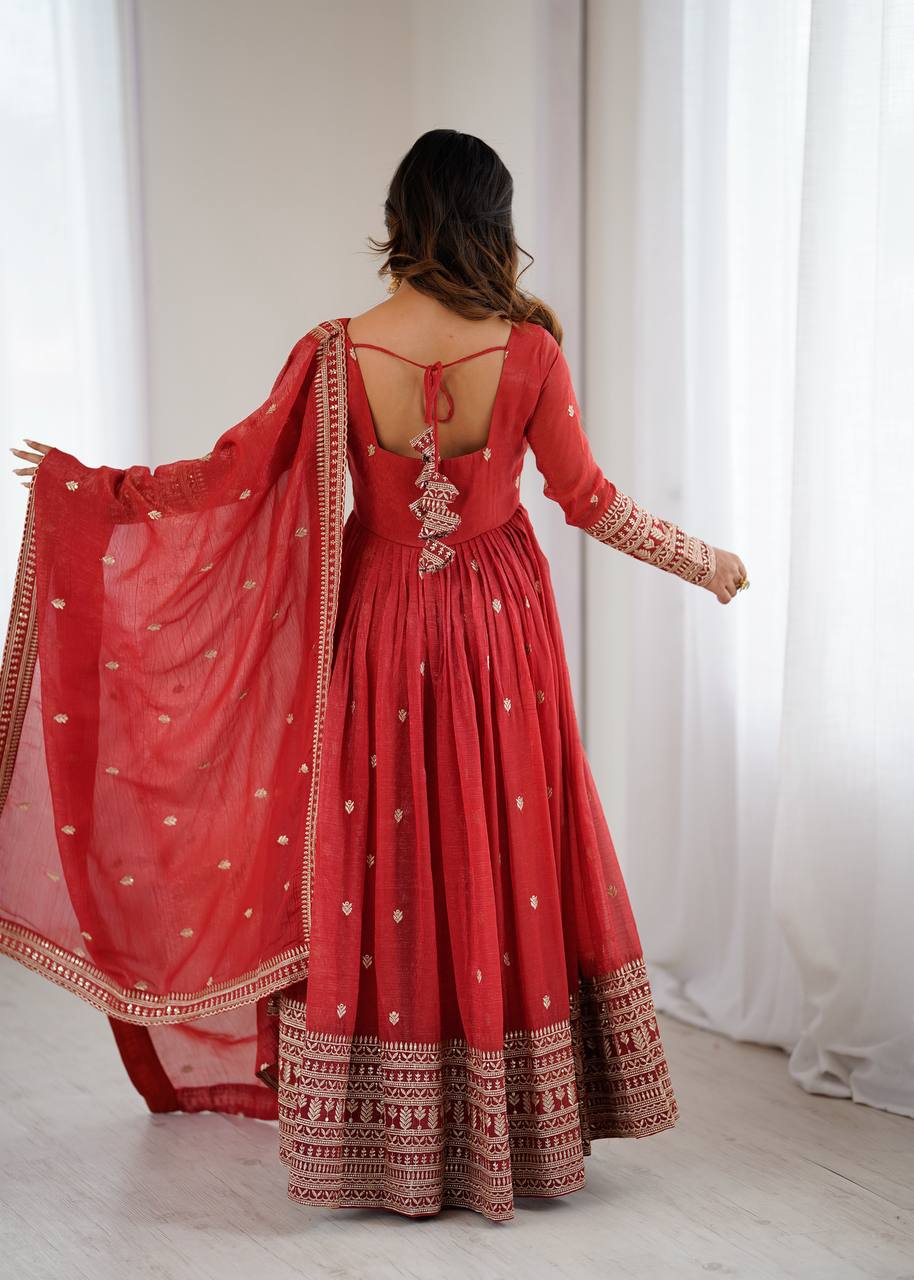 Rust Luxury Heavy Pure Crunchy Silk Anarkali Gown Set – Exquisite Zari & Sequins Embroidery, Handwork Beads Dupatta, Fully Stitched Ready-to-Wear