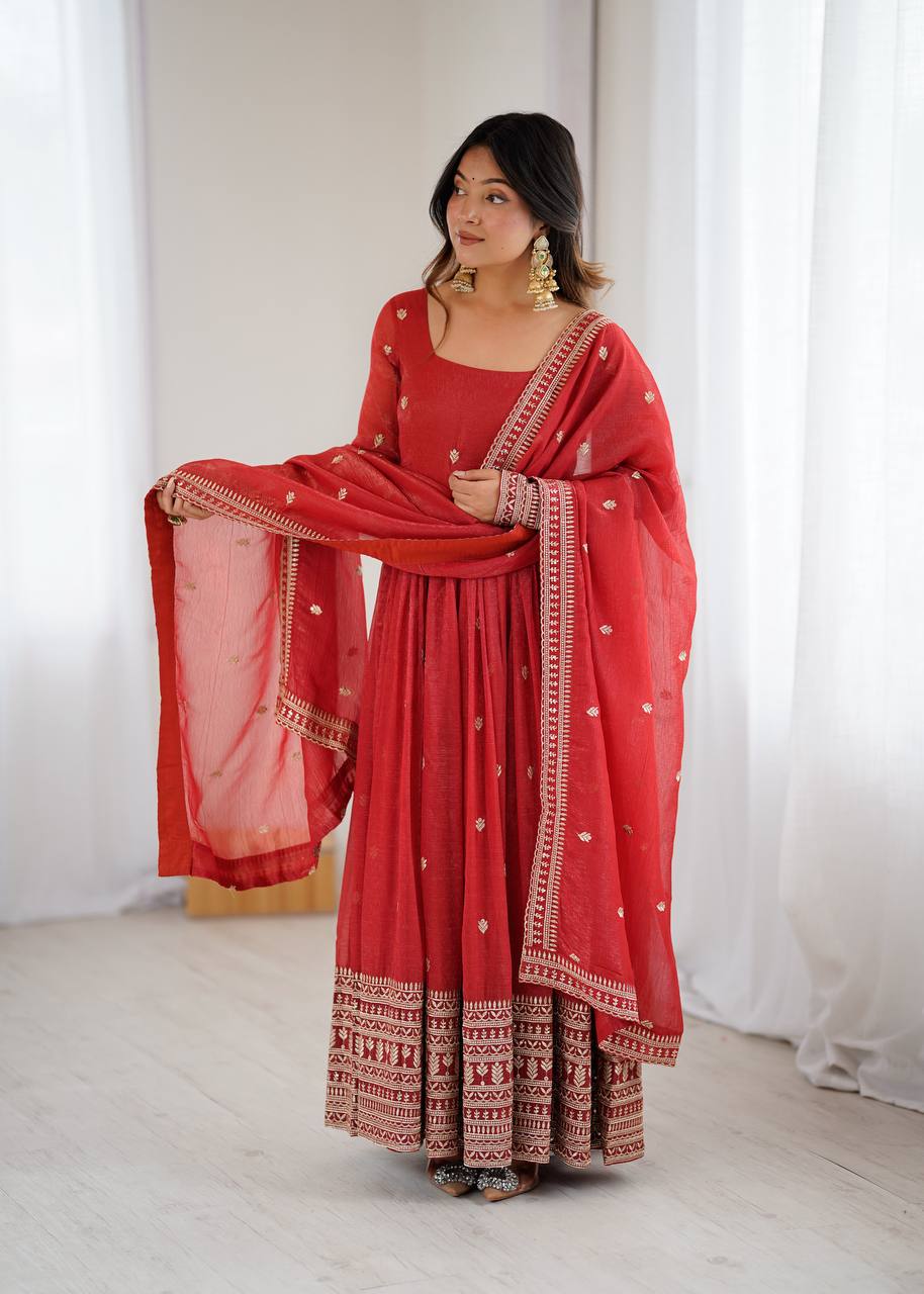 Rust Luxury Heavy Pure Crunchy Silk Anarkali Gown Set – Exquisite Zari & Sequins Embroidery, Handwork Beads Dupatta, Fully Stitched Ready-to-Wear