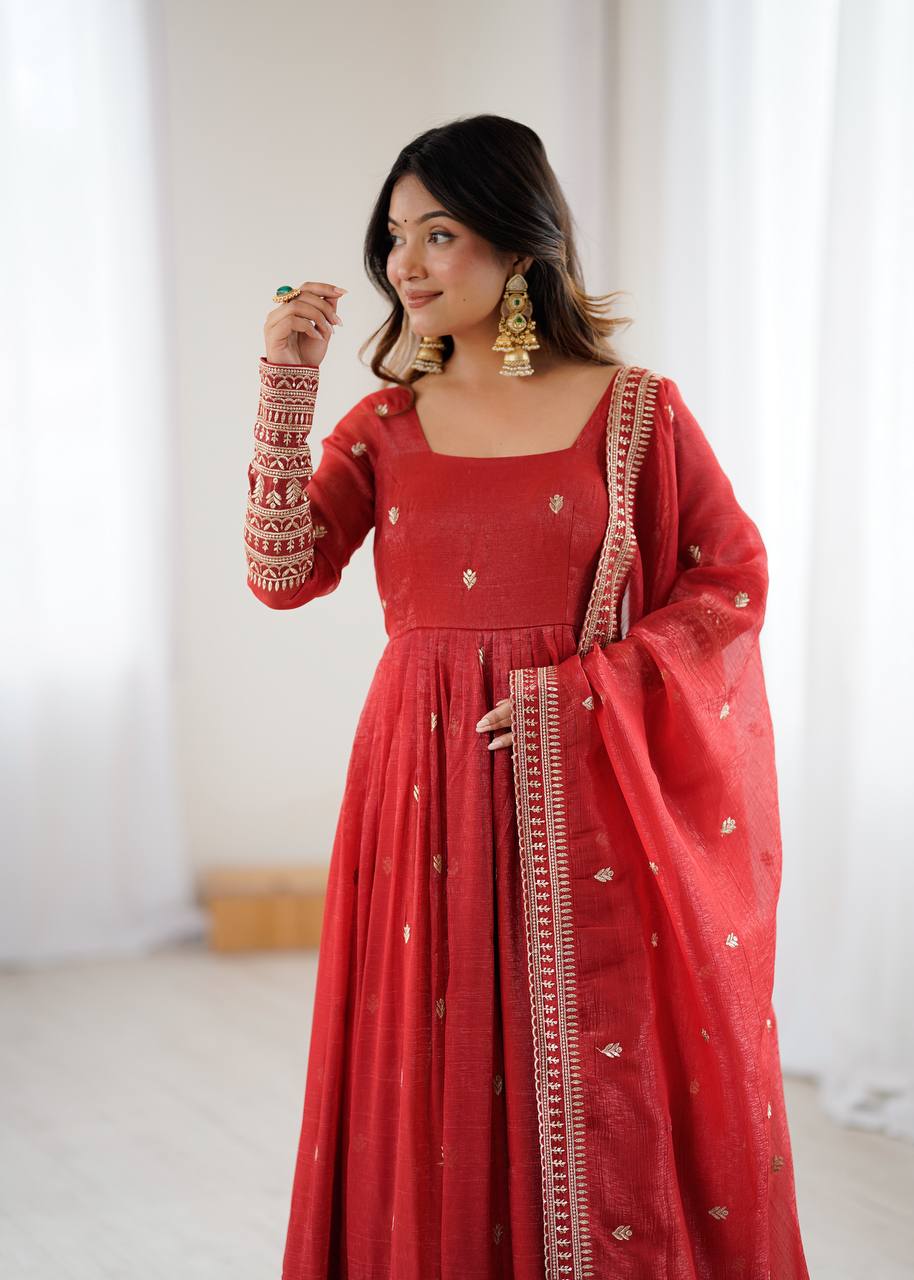 Rust Luxury Heavy Pure Crunchy Silk Anarkali Gown Set – Exquisite Zari & Sequins Embroidery, Handwork Beads Dupatta, Fully Stitched Ready-to-Wear