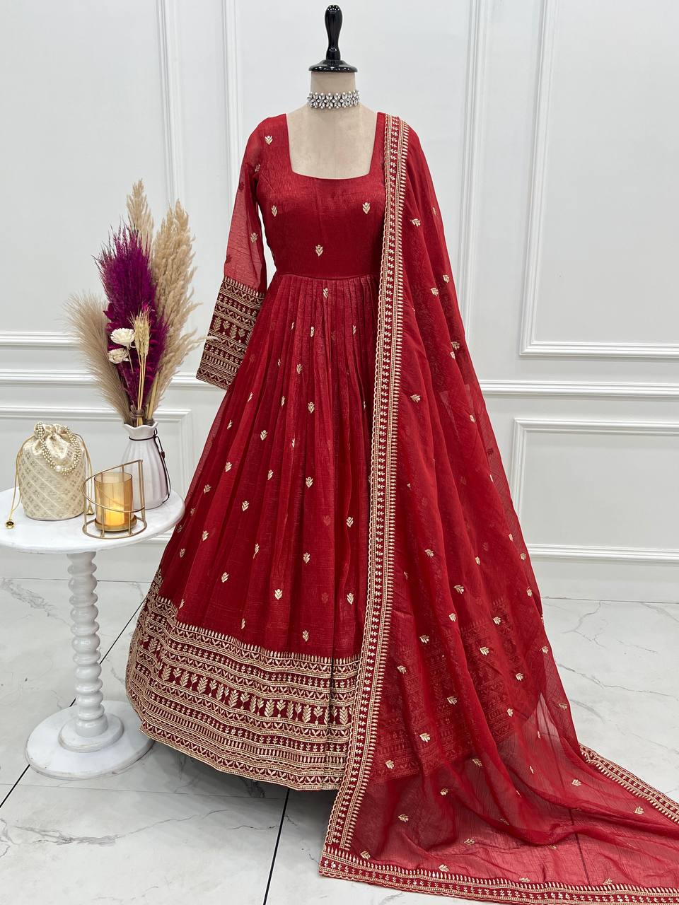 Rust Luxury Heavy Pure Crunchy Silk Anarkali Gown Set – Exquisite Zari & Sequins Embroidery, Handwork Beads Dupatta, Fully Stitched Ready-to-Wear