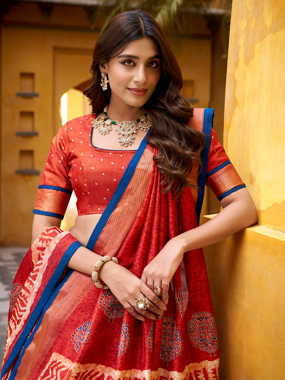 Rust orange color batik printed dola silk lehenga