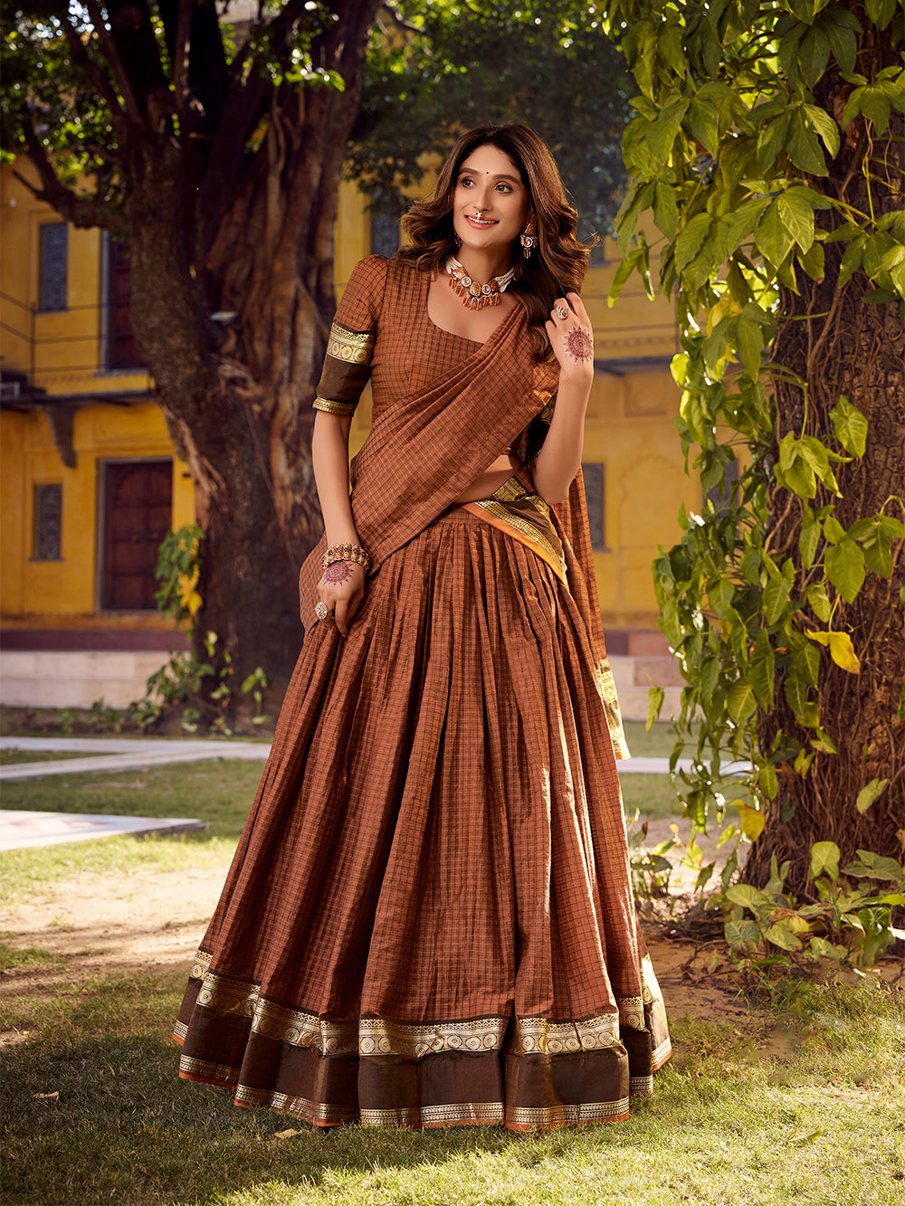 Rust orange color chex with zari weaving work chettinad cotton lehenga choli